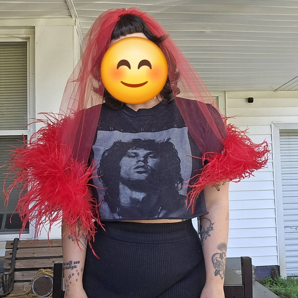 Madison Chamberlain Red Fluffy Feather Veil Shoulder Length